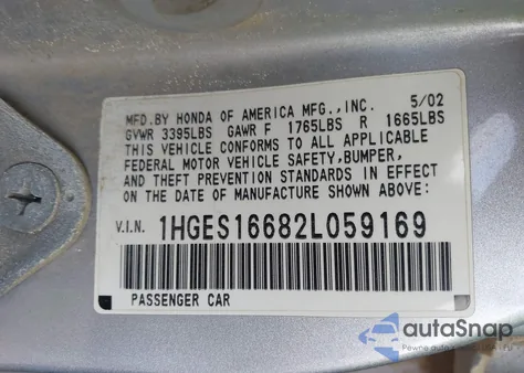 2002 Honda Civic Lx из США, поврежденный, VIN 1HGES16682L059169